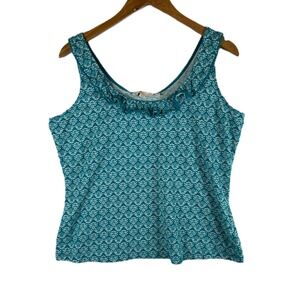 Boden UK 18 US 14 Teal Floral Print Ruffle Neck Sleeveless Tank‎ Top